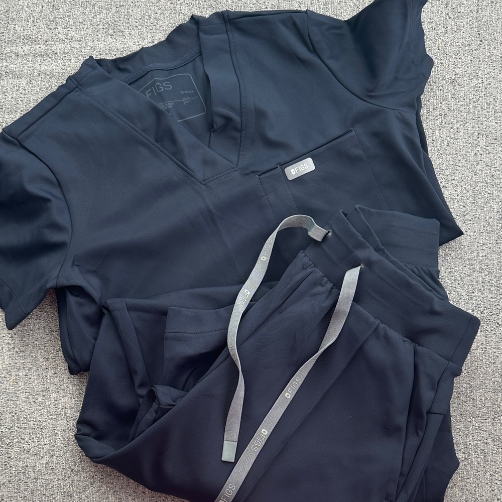 Figs Navy Blue Sona V-neck scrub top & high waisted, wide leg scrub pants
